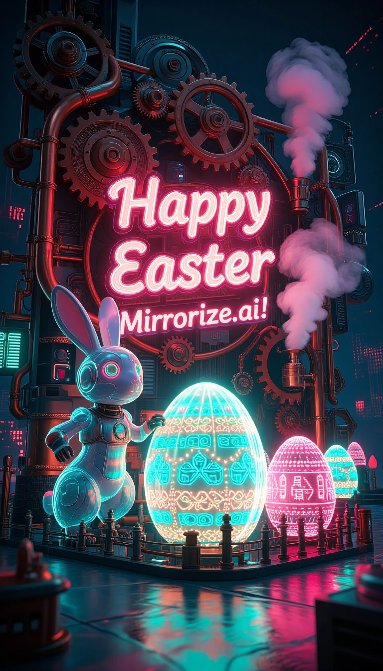 A vibrant neon steampunk Easter scene glowing with electric colors and metallic textures. Intricate brass gears, copper pipes, and holographic circuit
