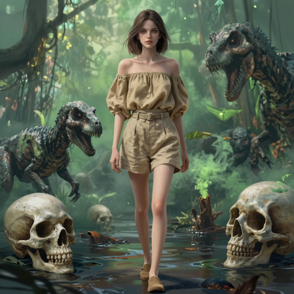 Safari Sunday: high-waisted linen shorts with a belt + khaki off-the-shoulder top + suede mules. Inspired by the spirit of Jurassic Park: a hostile jungle, crossing the swamps with a skull,green smokes, scary, dark, fantastical,dreamlike
