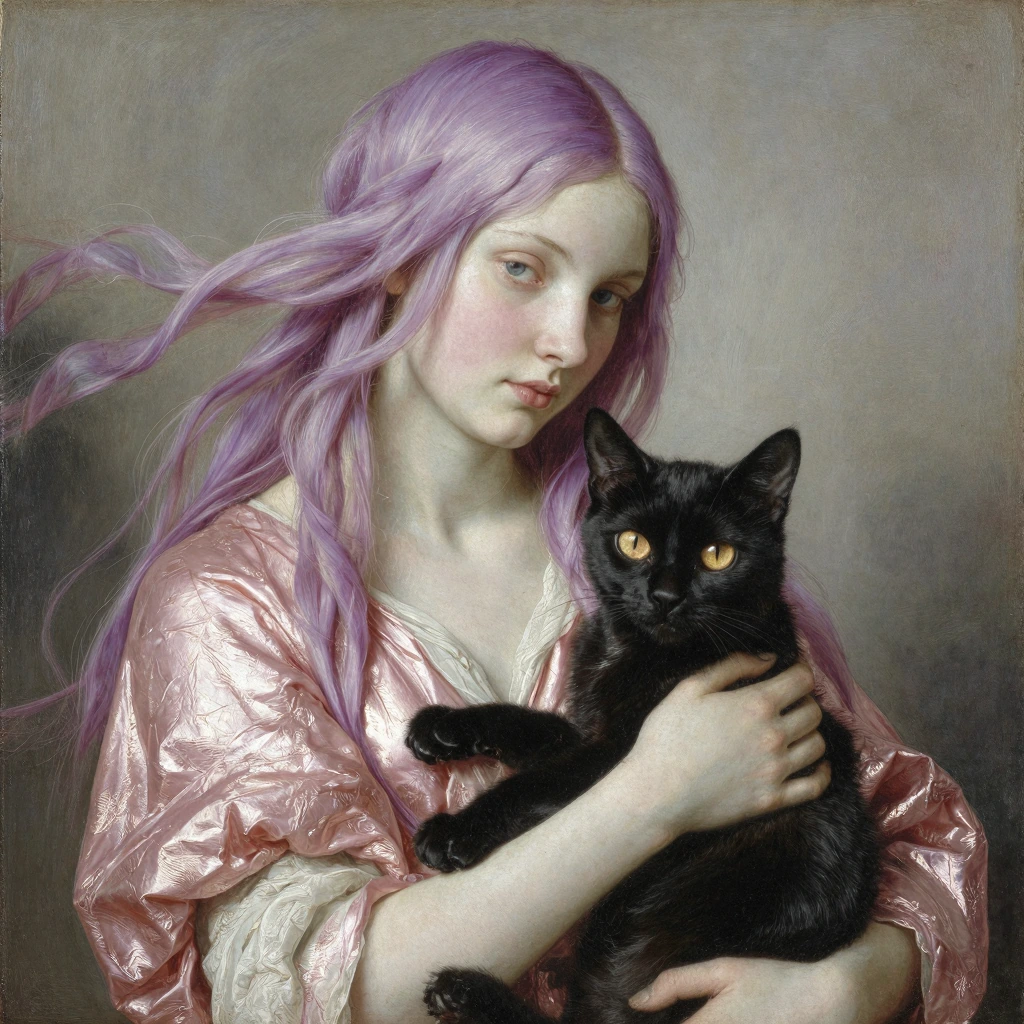 Portrait of a woman with flowing hair in shades of violet and rose gold, rendered in classical oil painting style with soft Renaissance lighting, holding a sleek black cat with glowing amber eyes