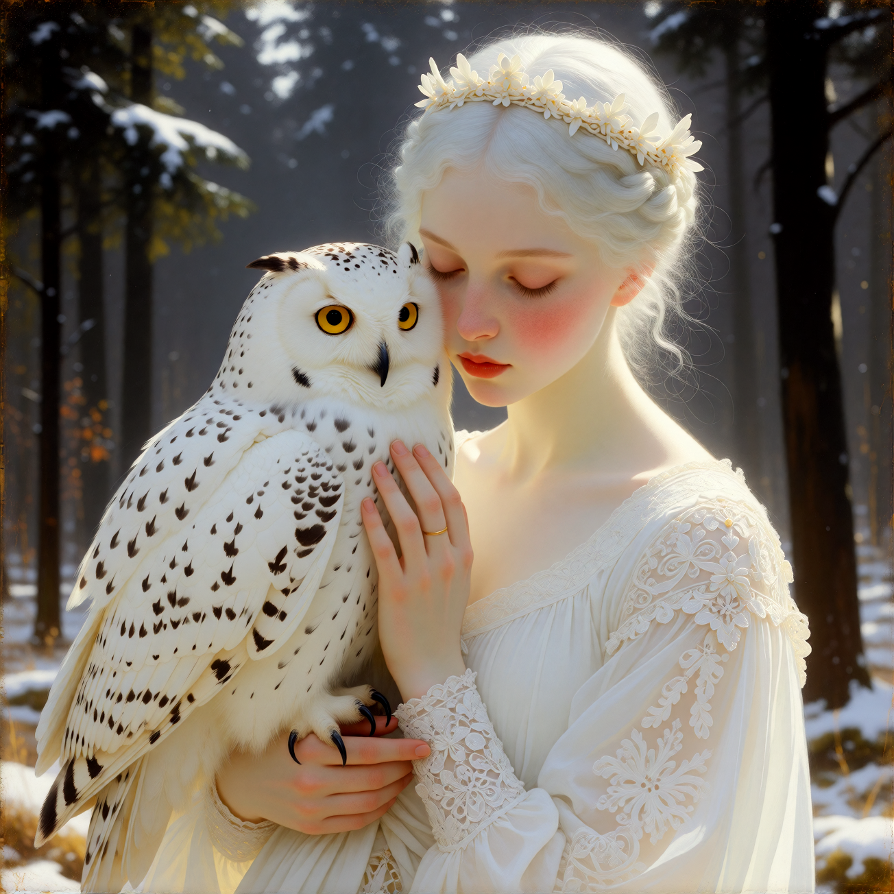 cinematic realism, realistic style, white owl with yellow eyes and black speckled feathers, holding it gently in arms, young woman with pale skin, clo
