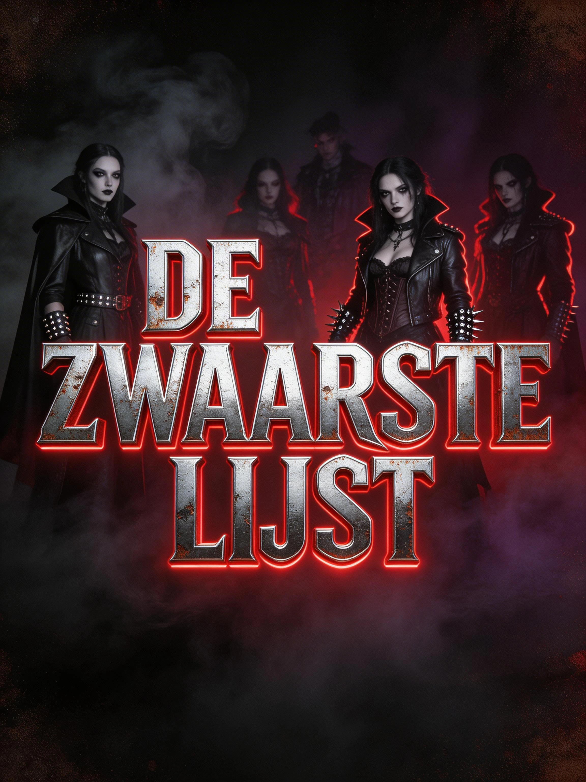 Heavy metal album cover aesthetic, bold aggressive typography reading "DE ZWAARSTE LIJST" in distressed chrome and black metal font with sharp serifs and industrial edges, glowing neon red underglow, dark gothic atmosphere, shadowy silhouettes of got