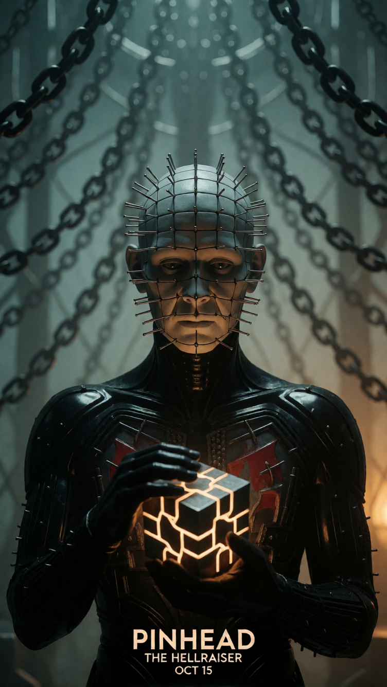 Generate an Art Deco futurist sculpture of Pinhead. His pale, geometric head is a constellation of polished chrome pins. His body is a sleek, streamli