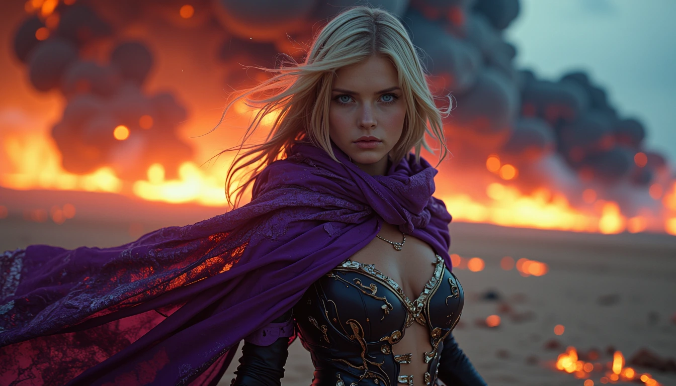 Sleek, toned physique woman, elegant curves, Regally beautiful face, striking blue eyes, champagne blonde hair cascading past her shoulders with a heavy deep rich purple cloak draped loosely over her shoulders teasing her feminine curves. She has a h