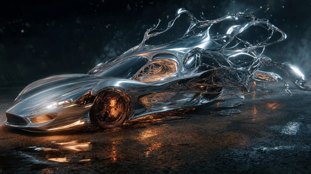 a sleek sports car actively morphing and melting, metal body transforming into liquid and reforming into impossible shapes, parts shifting and flowing like water, chrome dissolving into abstract geometry, extreme transformation mid-frame, photorealis
