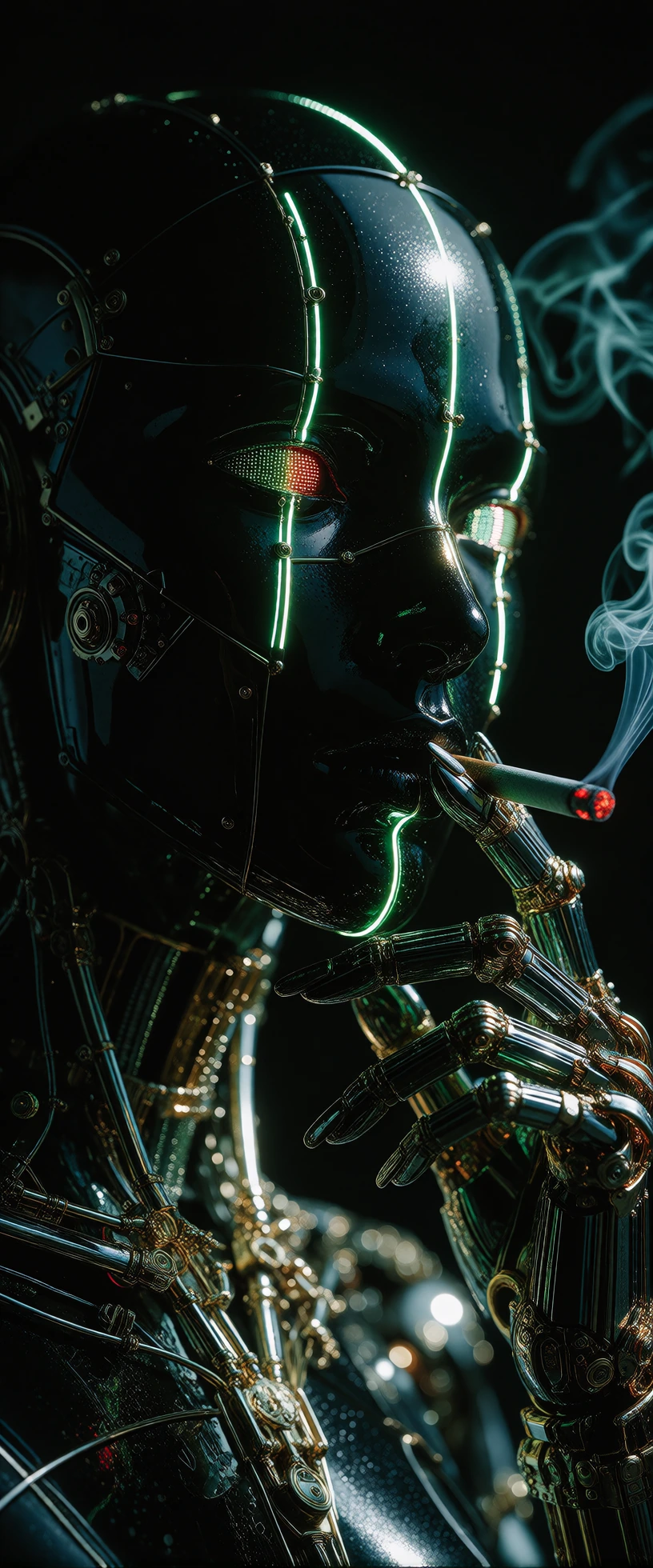 A sleek, high-end female cyborg with a flawless glossy black body, composed of smooth minimalist panels and elegant feminine proportions. Subtle bioluminescent green accents glow beneath the surface—deep emerald internal illumination with restrained 
