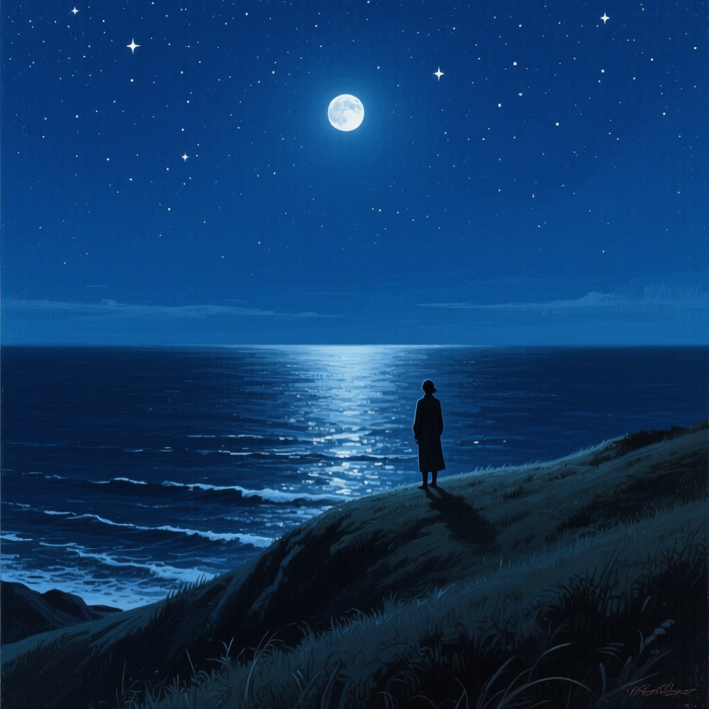 a quiet nighttime scene, deep blue sky with stars, a lone figure standing on a hill overlooking a dark ocean, moonlight reflecting on the water, cinem