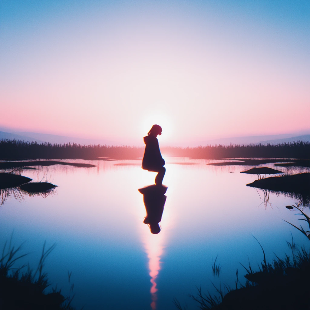 a lone figure kneels at the edge of a still pond at dawn, the first soft pink light of sunrise touching the sky and reflecting perfectly in the mirror-like water, gentle mist rising from the surface, silhouette framed against the awakening horizon, p