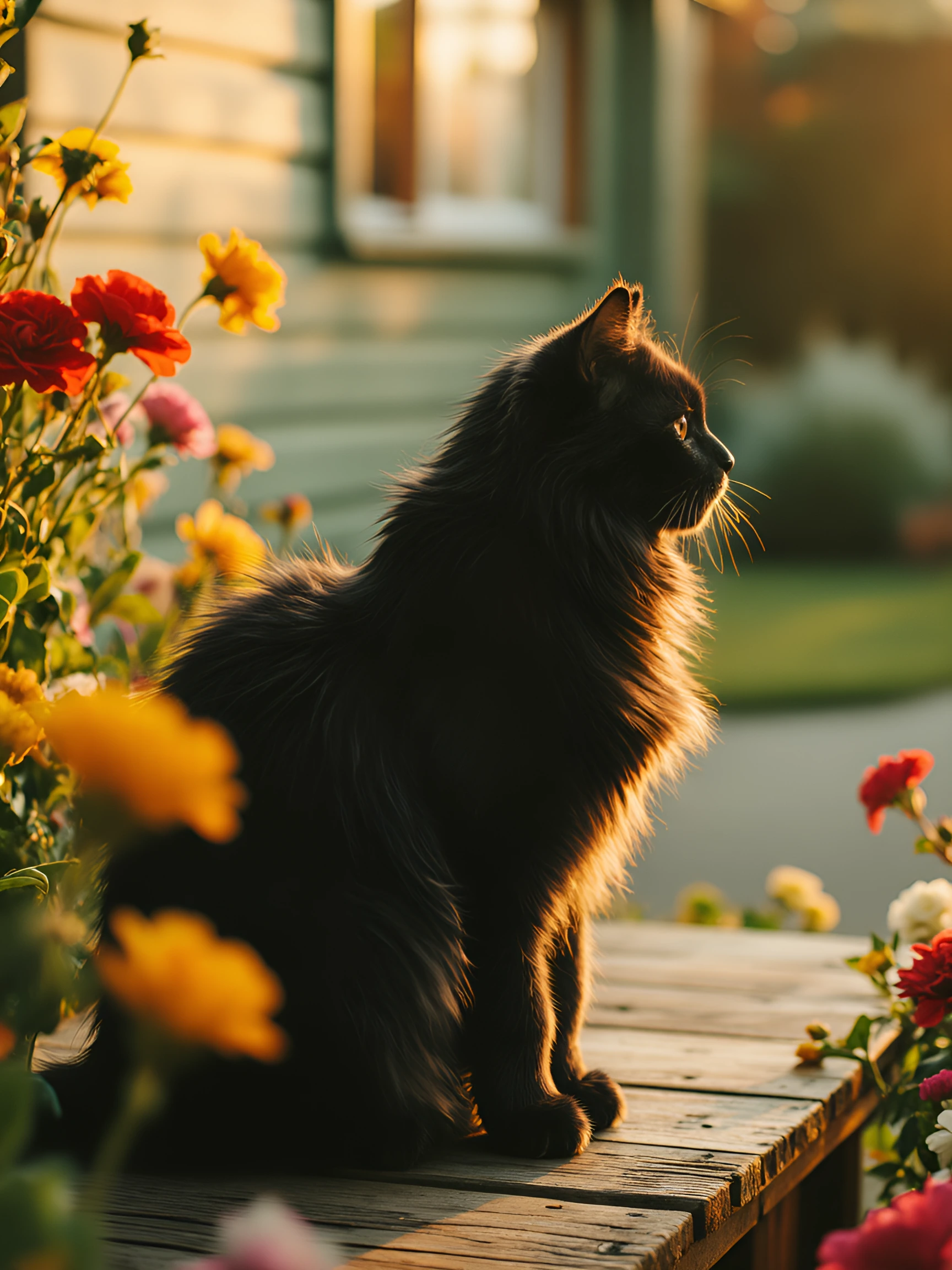 cinematic amateur photograph, a fluffy adorable black cat sitting on a wooden back deck of a home, surrounded by colorful flowers in pots and scattere