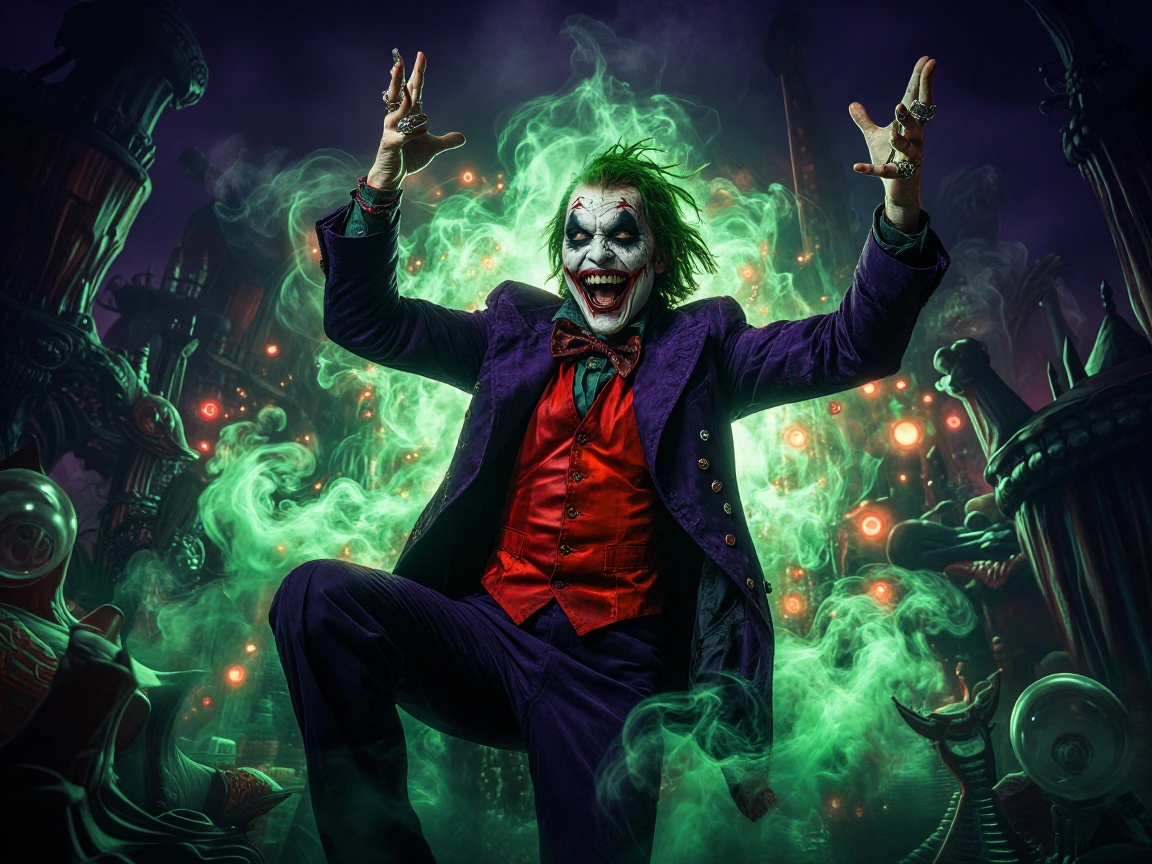 A sinister figure emerges from swirling shadows and neon-lit fog, theatrical and menacing, the Joker ascending with arms spread wide, maniacal grin stretching impossibly broad, eyes gleaming with deranged delight, purple velvet suit immaculate yet di