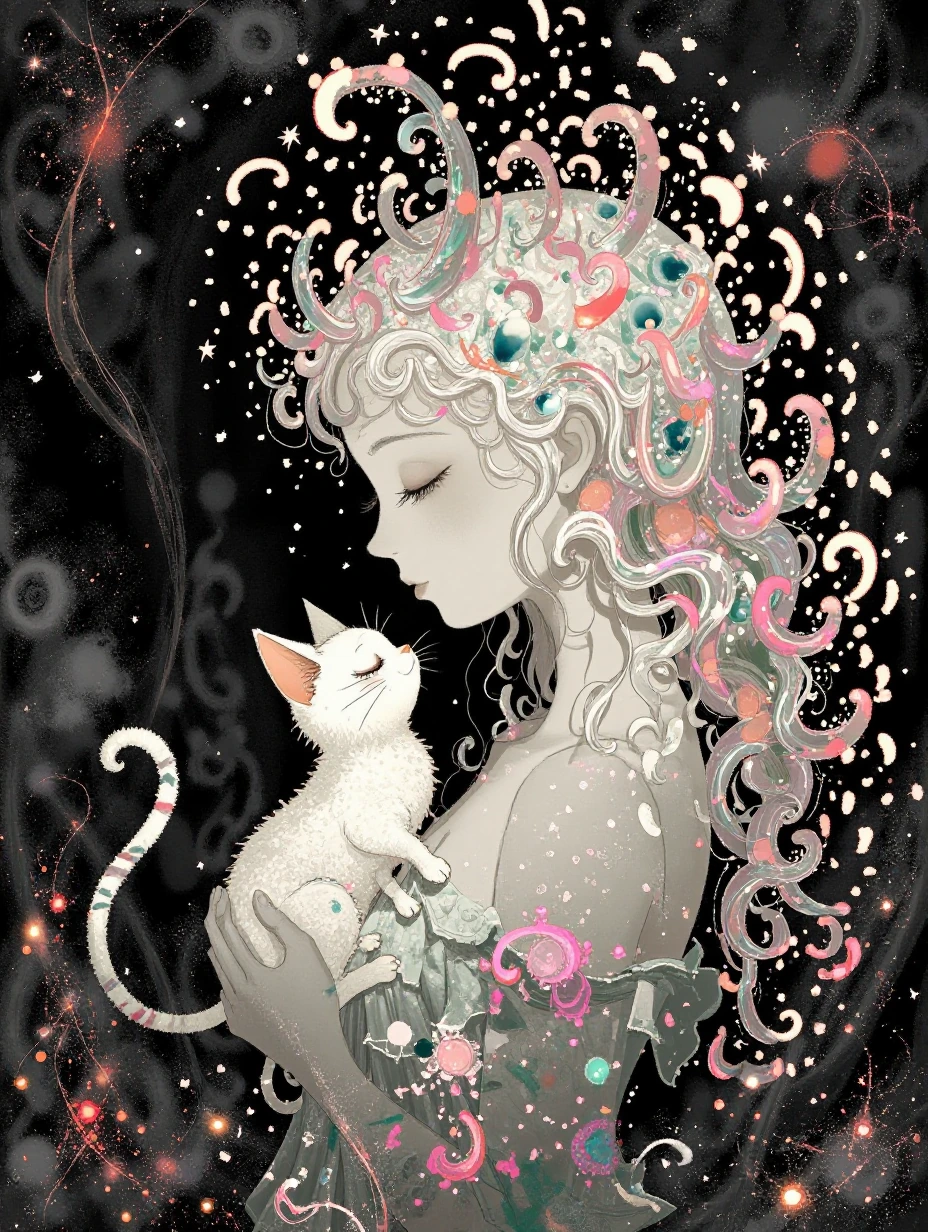 Beautiful woman with hair made out of ocean waves, with a cat