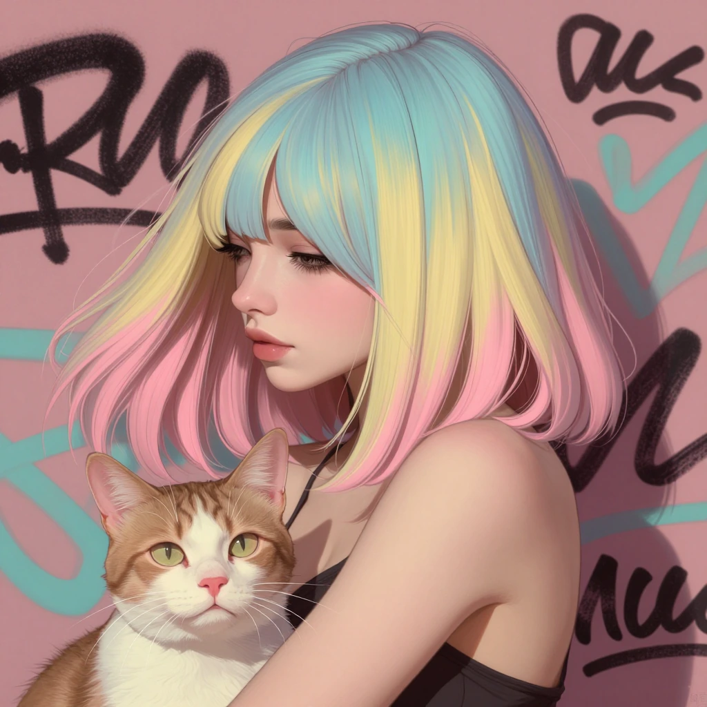 Woman pastel hair, blue, pink, yellow, and black graffiti. With a cat.