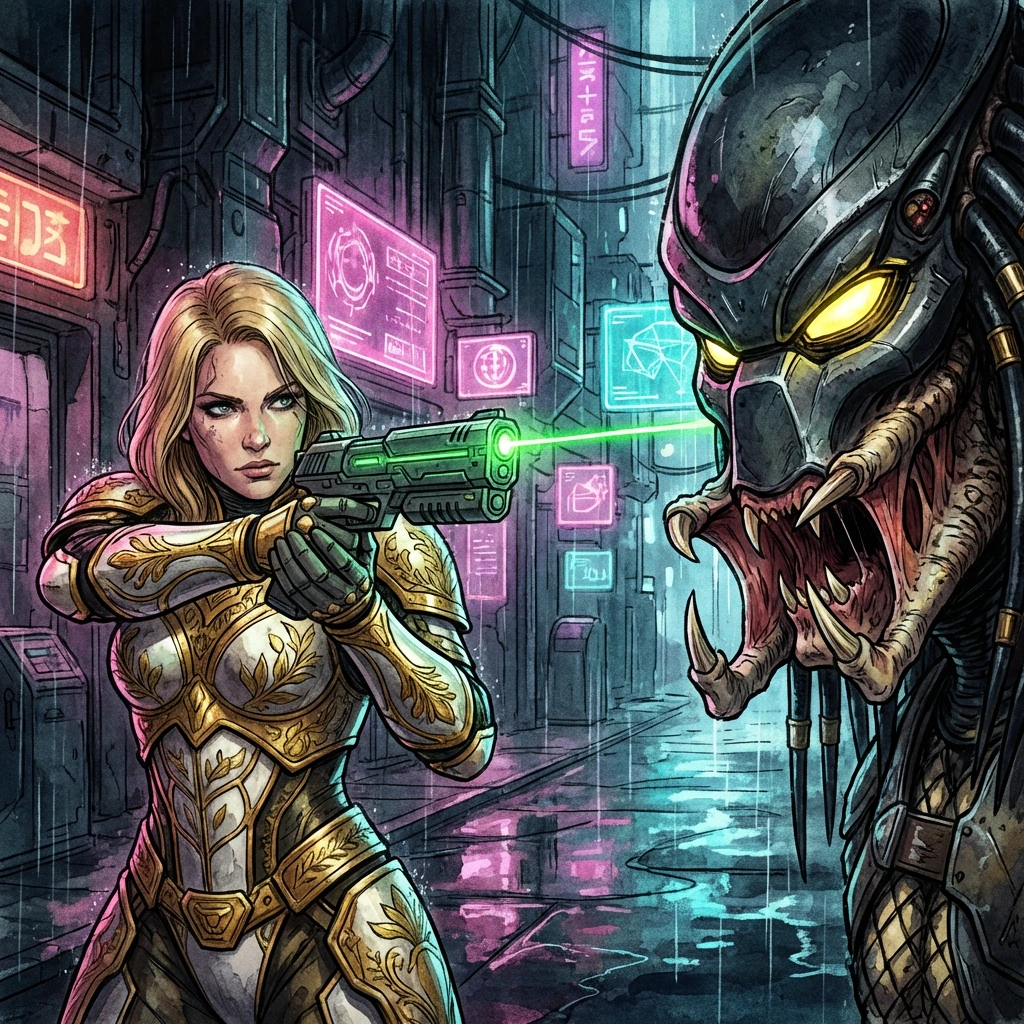 Medicine that will make sure you continue to be a bad man... Close-up, dim lighting, a blonde woman in gold and white armour holds a green laser gun aimed at a Predator, the alien's glowing eyes and sharp teeth visible, dark metallic walls in the bac