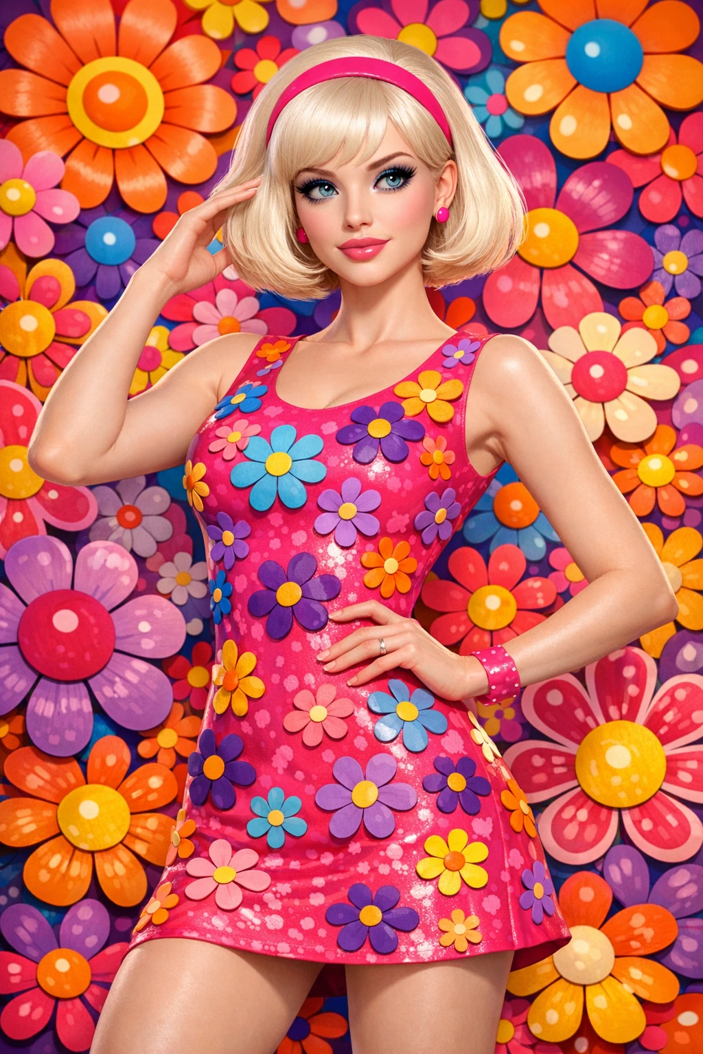 A striking 3D-rendered character radiates retro-futuristic charm against an explosion of colorful florals. She wears a hot pink dress adorned with multicolored flowers—blues, oranges, yellows, and purples—matching the psychedelic background. Her plat
