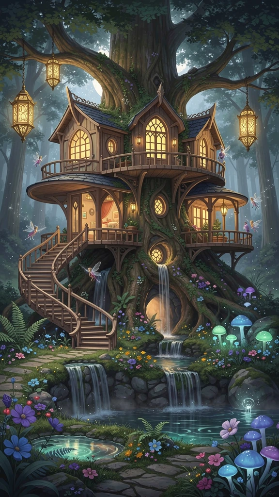 A magnificent fantasy home has grown naturally around the trunk of an ancient tree. Warm golden windows glow from rooms nestled within the bark, while winding staircases, hanging lanterns, waterfalls, colorful flowers, glowing mushrooms, and tiny fai