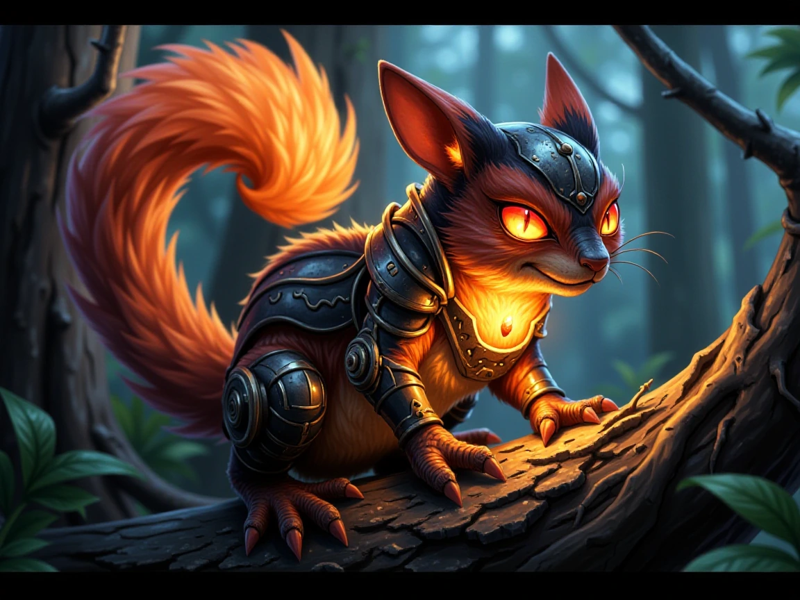 a small mechanical steampunk squirl, a fire glow on the inside, sitting in a tree, red glowing eyes, angry expression, mouth open in a threatening position