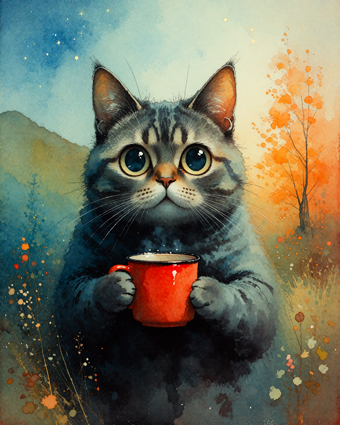 Whimsical, cozy storybook painting of a cat with an oversized rounded body and very large expressive eyes, dark grey and blue fur with visible painterly texture, the cat holding a bright red mug centered in the composition, neutral deadpan facial exp