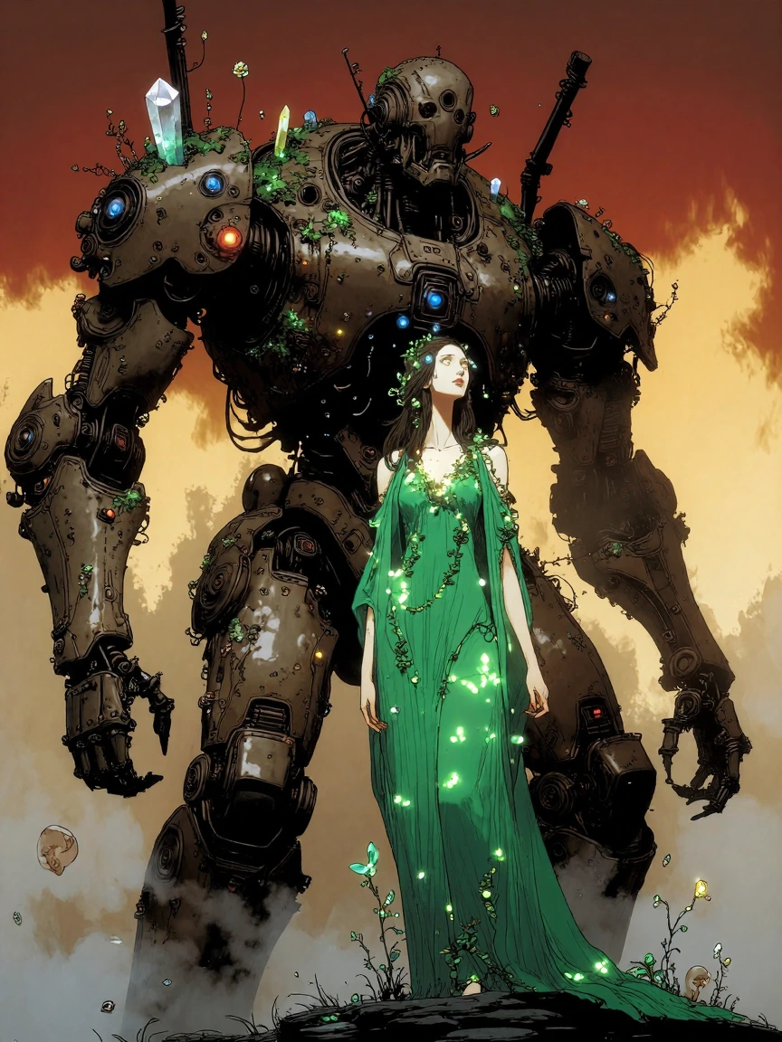 Ethereal earth guardian woman with flowing emerald robes interwoven with glowing botanical vines, luminous amber eyes reflecting ancient wisdom, stand