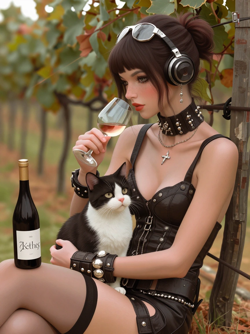 Berrypunk woman with her cat in a vineyard tasting wine.