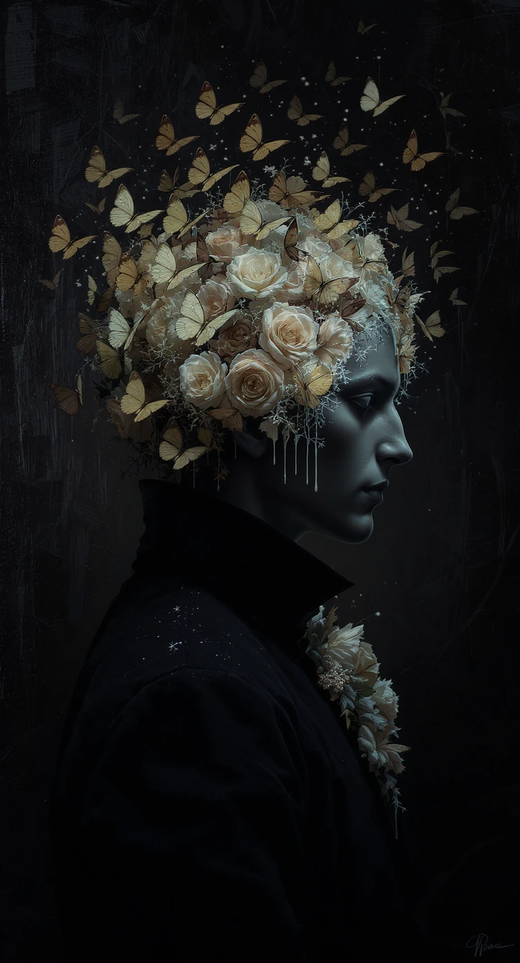 Surreal portrait of a ghostly dark gothic man in profile, whose head is entirely composed of a dense bouquet of blooming flowers and a swarm of butterflies. The butterflies are in various shades of cream, beige and light brown, some resting, others f