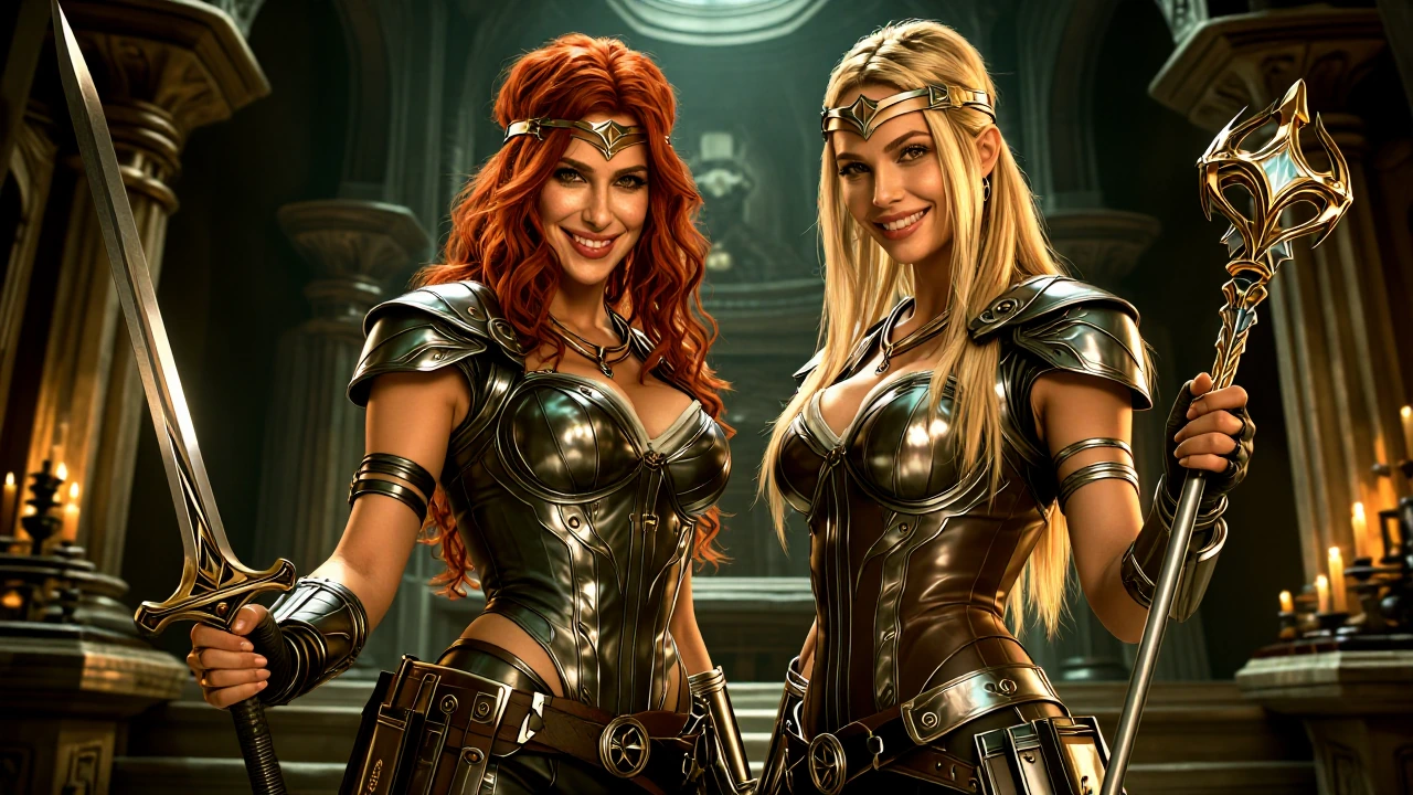 A pair of female adventurers are on a quest. Both wear form-fitting metal outfits that show a vast amount of skin. Their hair is held back by metal head bands. The Red head is dressed like RED SONJA and wields a two-handed sword. The blonde is slende