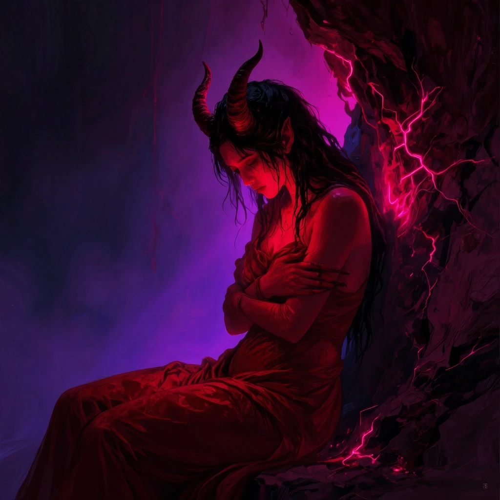 solitary crimson demon woman rests against a vast shadowed wall, knees pulled close to her chest as if guarding her own heart. Faint neon magenta veins of light seep from the cracks in the darkness, casting a soft electric halo across her curved horn
