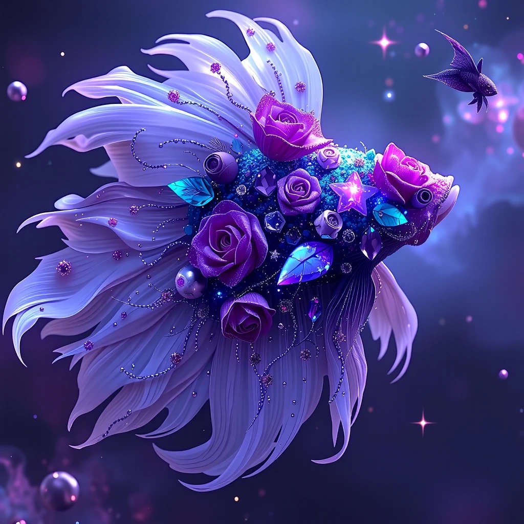 Cosmic surreal betta fish floating in deep space, body adorned with glowing purple and indigo roses mixed with stars and galaxies, silver and amethyst crystals, enormous flowing white fins with nebula patterns, vibrant deep purple, violet and electri