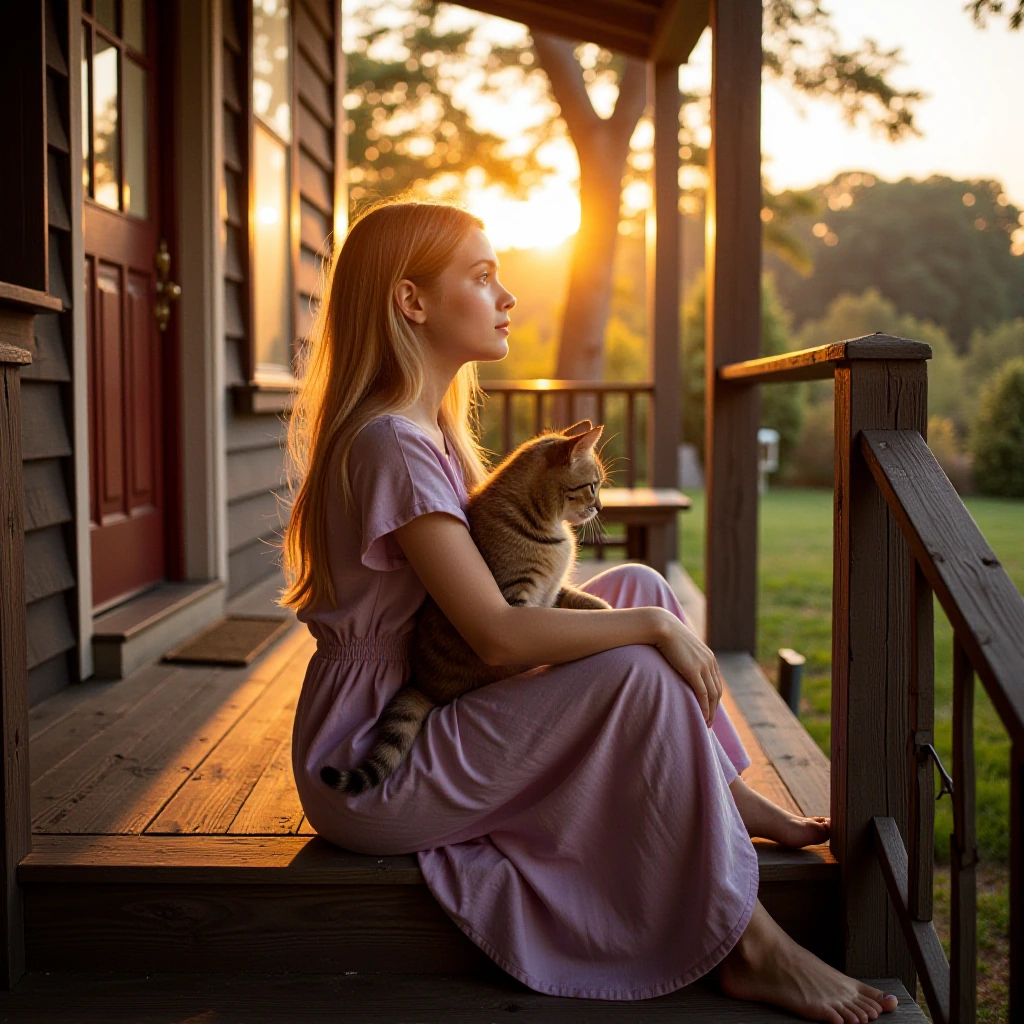 Young girl with sun-kissed blonde-brown hair, luminous skin, serene expression, sitting on weathered wooden front porch steps at golden hour sunrise, 