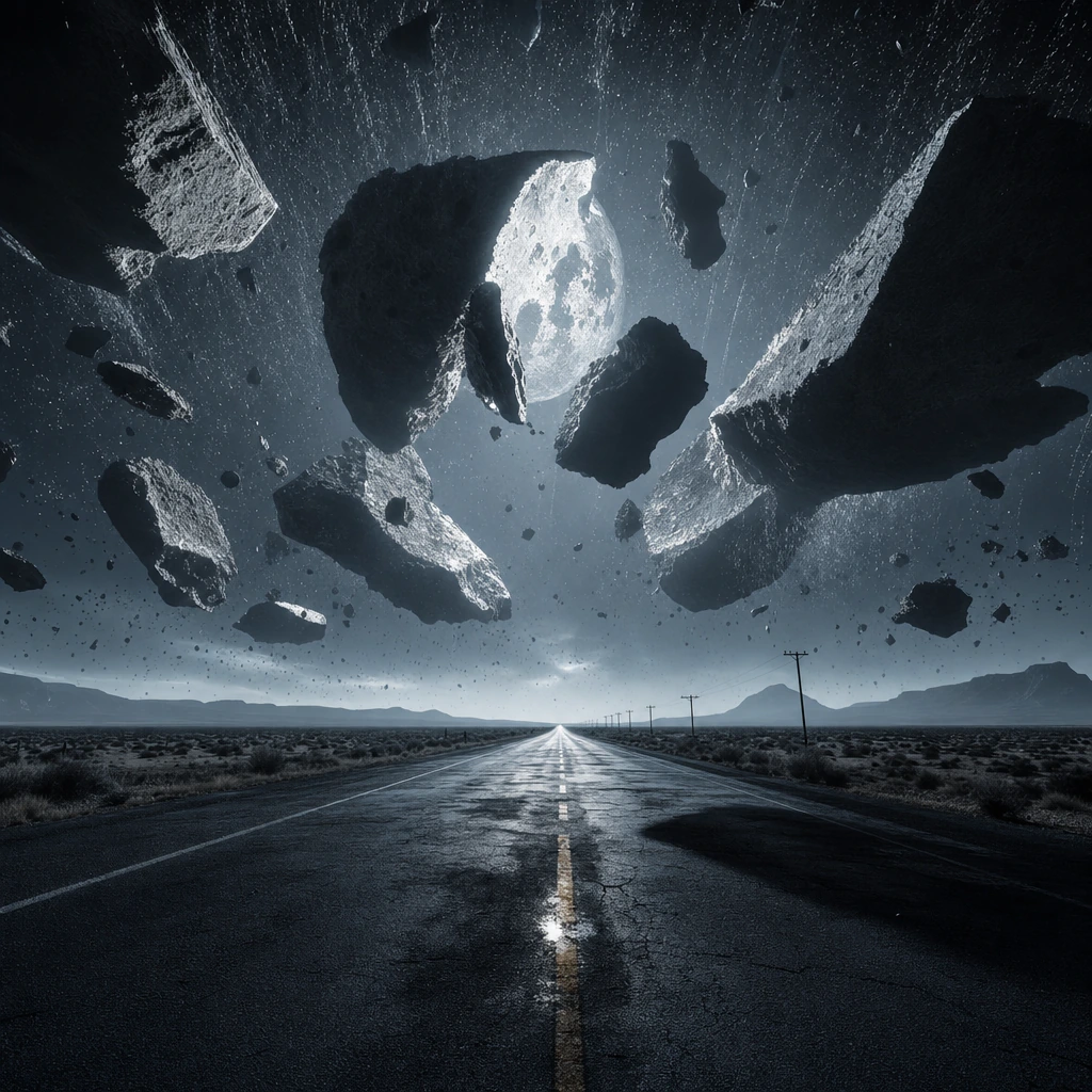 Enormous fractured moon shards suspended low above an empty desert highway, backlit by their own moonlight casting sharp shadows across cracked asphalt below. Rain falls upward through the gaps in slow, deliberate arcs while fine dust drifts downward