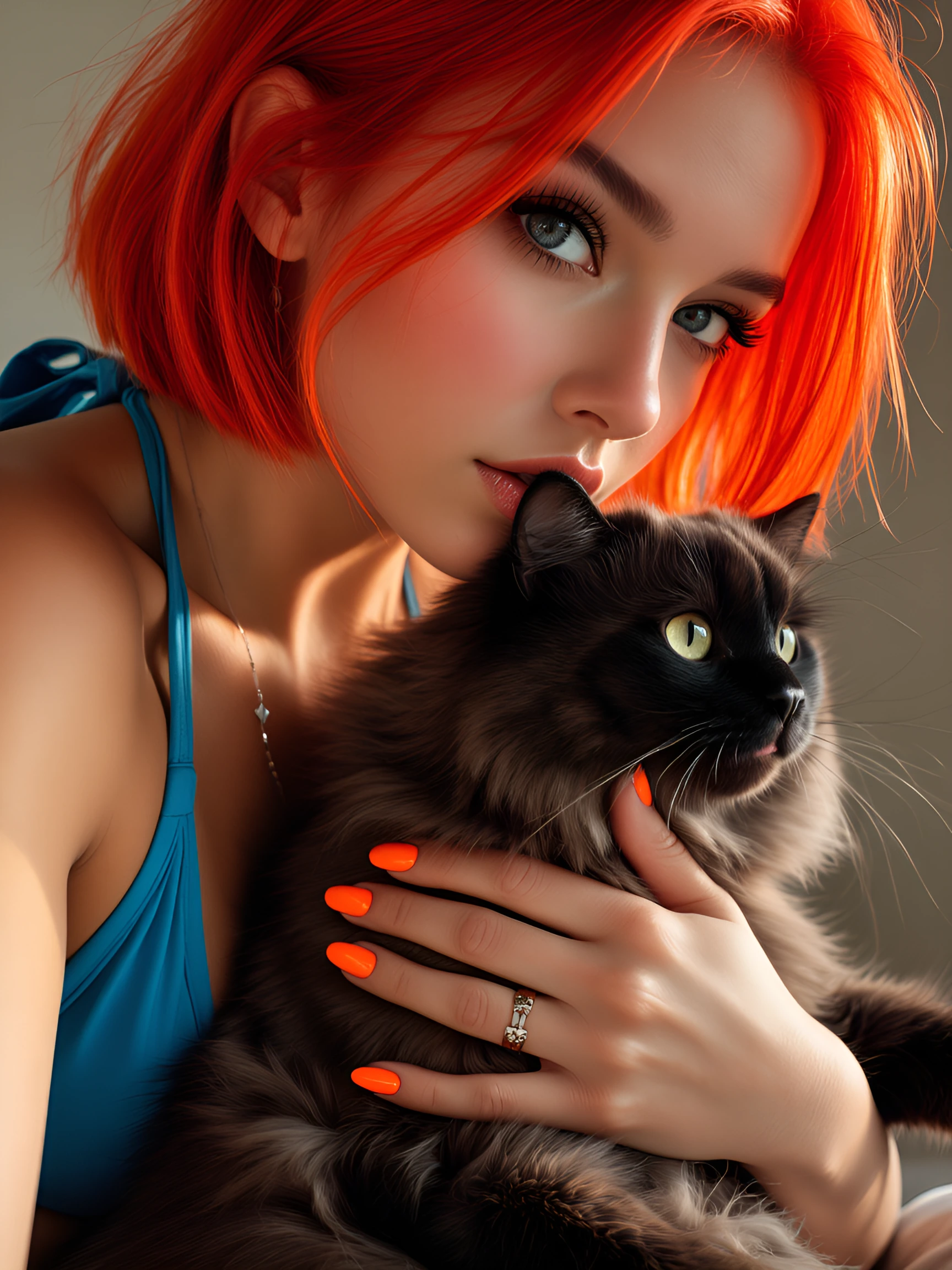 Woman bright orange bob hair, bright orange fingernail polish, blue halter top, with a fluffy brown cat