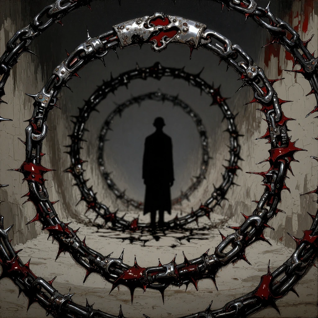 A haunting visual metaphor of suffering endlessly repeating, circular chains of obscurity, satanic evil, obsidian and tarnished silver entwining in an