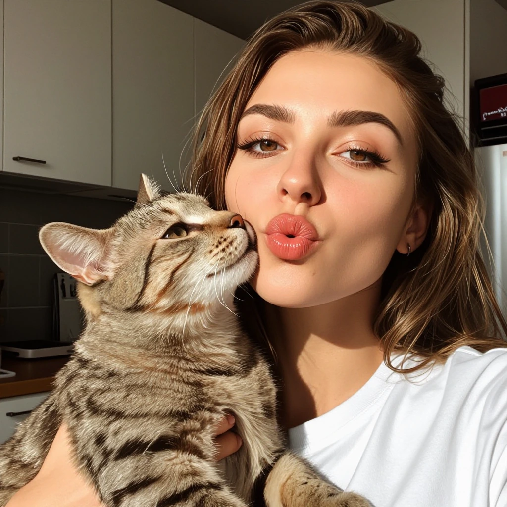 A woman with bold makeup making an exaggerated pouty face while her tabby cat rubs against her cheek, shot in a sunlit kitchen, warm and playful atmosphere