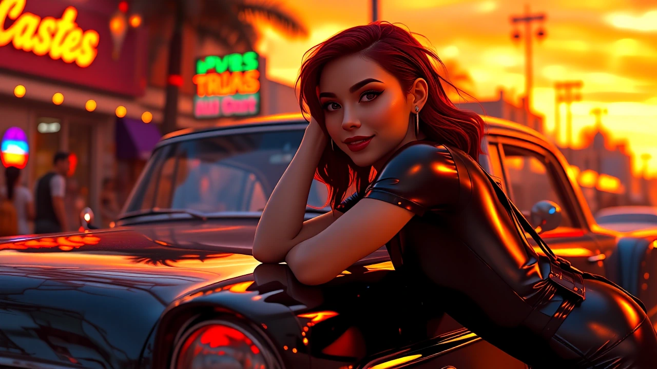 Woman in hyperrealistic anime style, leaning back on a lowrider hood at golden hour, catching warm light on glossy skin. 1940s silhouette—high-waisted, sharp shoulders. Black and neon-bright green color blocking. Taco Tuesday street aesthetic: cracke