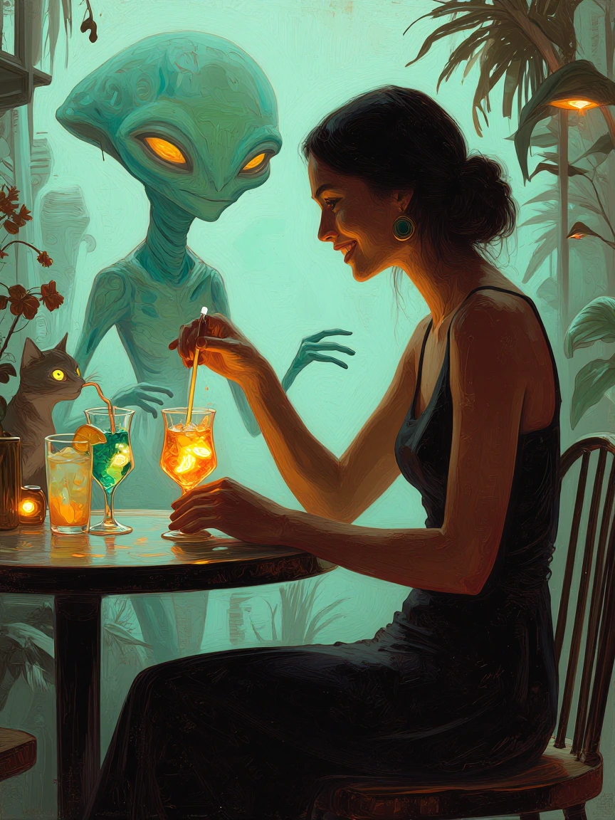 Oil painting style, smiling woman visiting an alien planet for the first time with her cat. Experimenting with glowing alien drinks at the cafe. Totally oil painting style.
