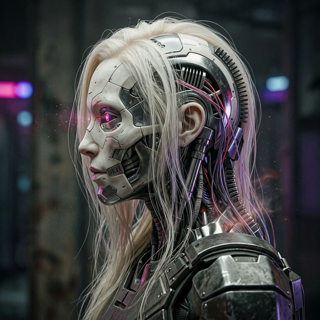 cyberpunk, illustration, biomechanical, android, skeleton, skull, profile, portrait, albino, hair, cables, circuitry, armor, exoskeleton, titanium, gr