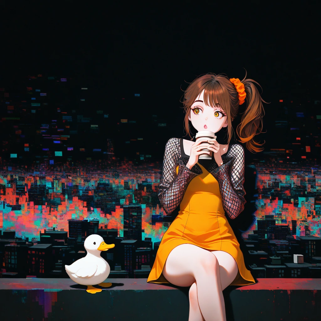 masterpiece,absurdres,incredibly absurdres, best quality, amazing quality, soft shadow, painterly, lush, 1girl, brown hair, messy side ponytail, orange scrunchie, yellow mini dress, mesh sleeves, sitting, legs crossed, holding coffee cup, eyebrow rai
