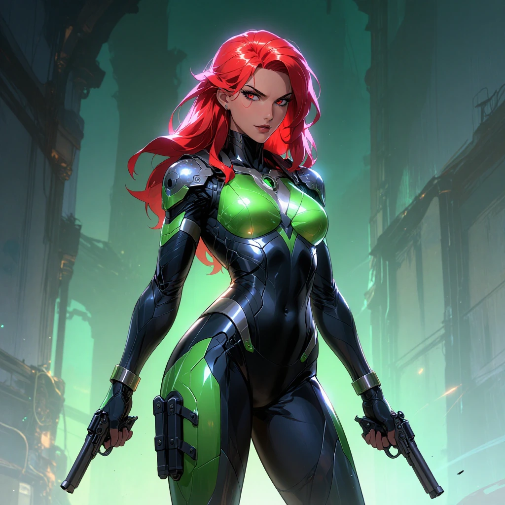 modern armored female warrior in sleek tactical gear, dual-wielding pistols with confidence, vibrant red hair flowing past shoulders, black and emeral