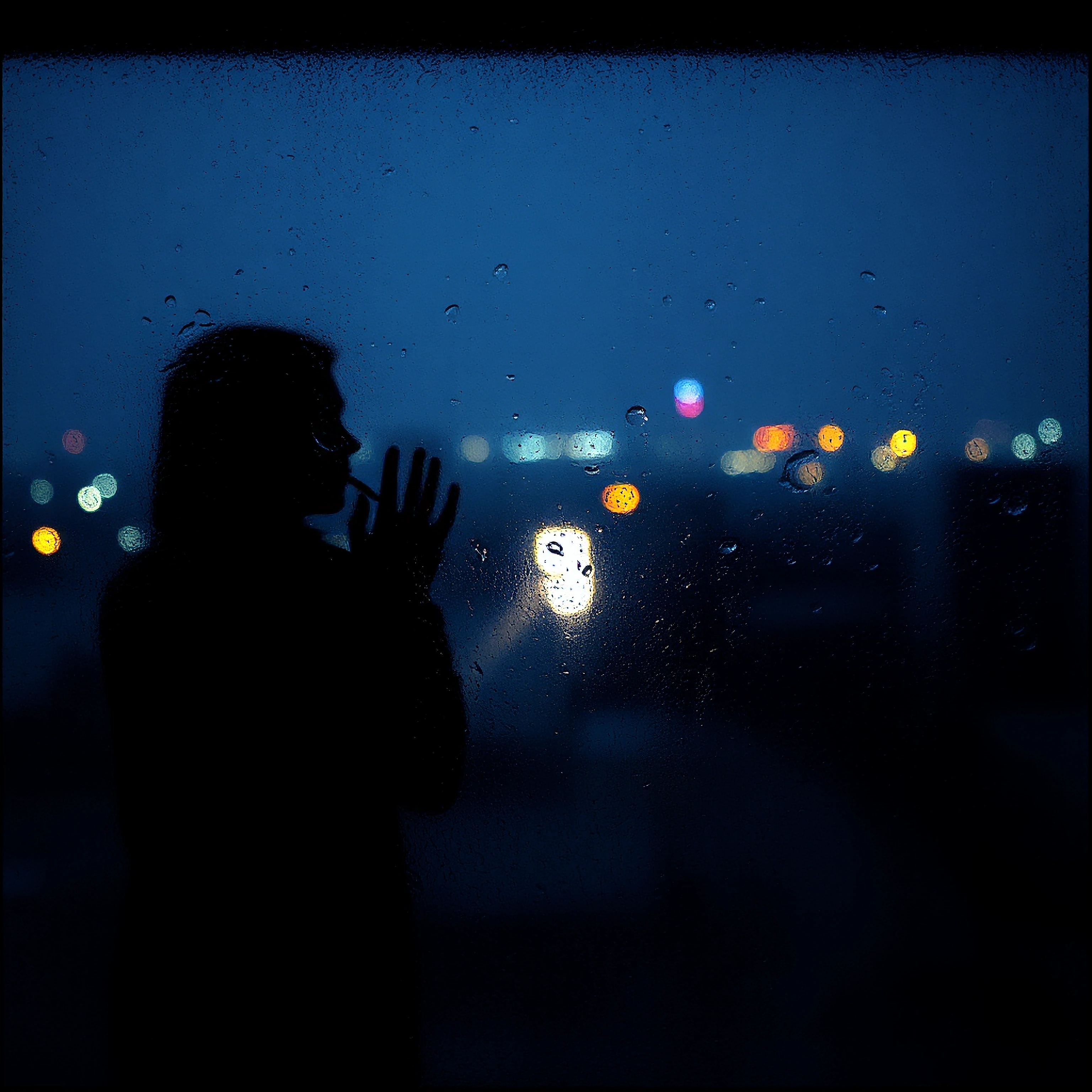 a solitary figure pressed against cold foggy glass window, their silhouette dark against the pane, breath condensing on the surface, the world outside bathed in that impossible liminal blue hour between day and night, deep twilight atmosphere, melanc