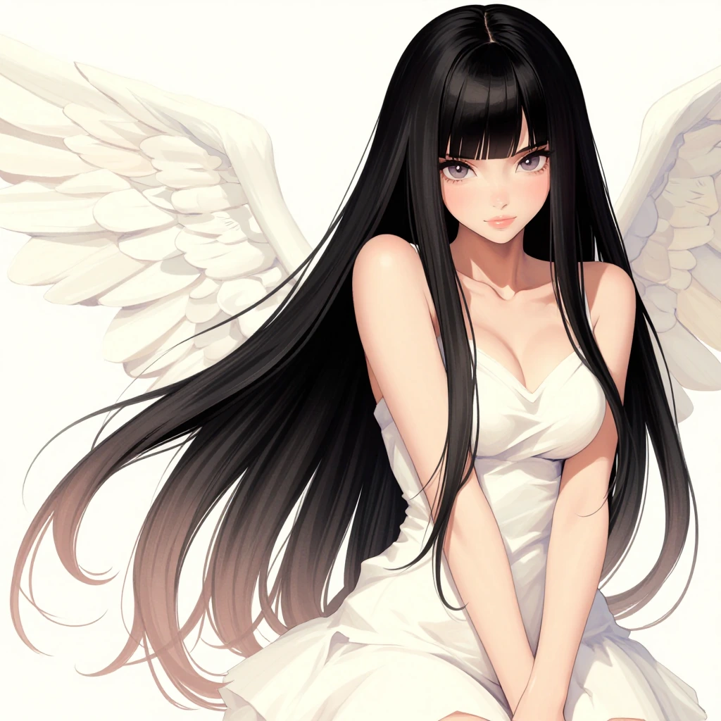 A beautiful angel with long straight black ombre hair, with a cat, watercolor manga style, beautiful pose.