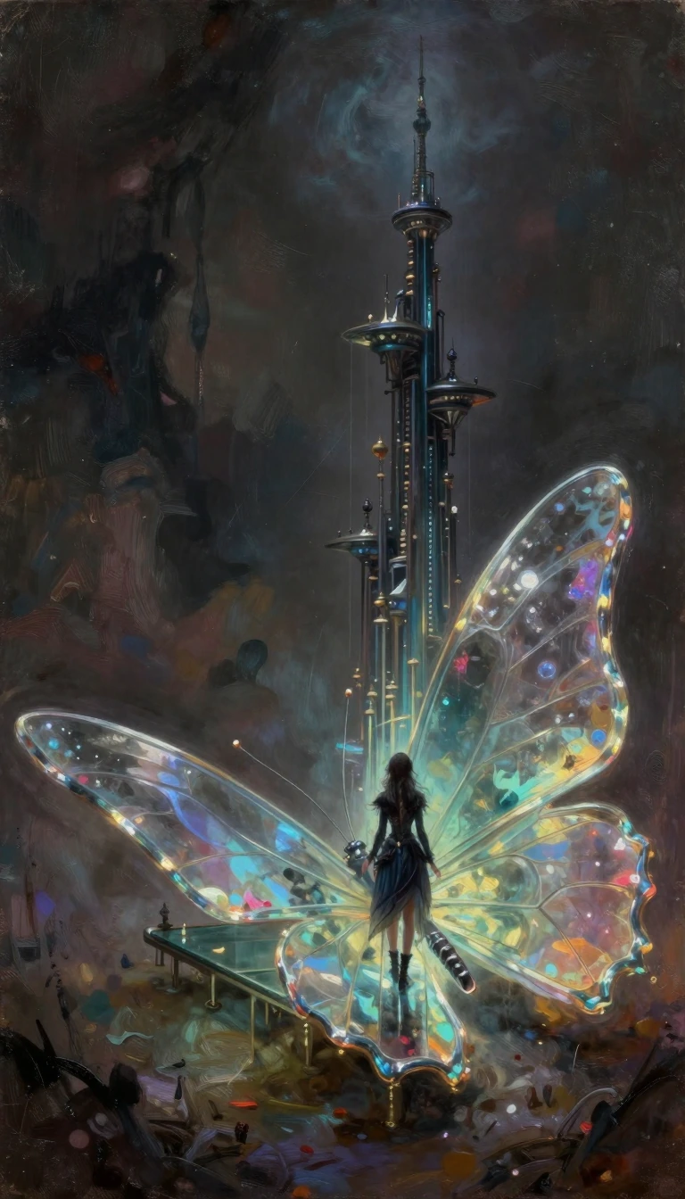 Imagine a high-quality digital graphic design featuring an 8K HD image, with a 3D view rising from the ground towards the sky, looking sideways: a magnificent glass platform shaped like a gigantic transparent glass butterfly. Laying flat, it serves a