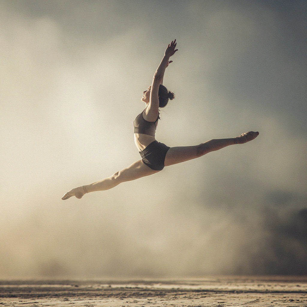 ethereal portrait of a dancer mid-leap through golden mist at dawn