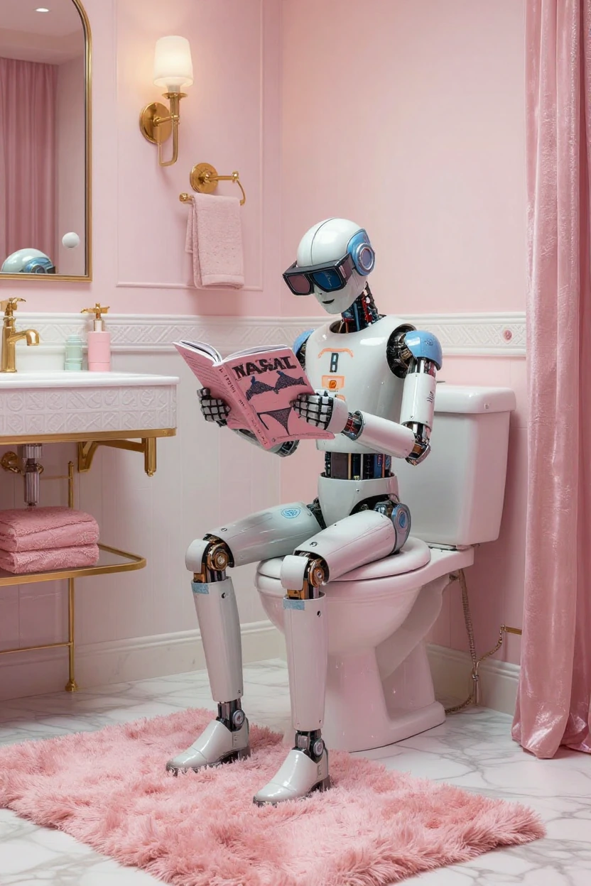 a lavish 70's inspired bathroom with pink and white shag rugs along the floor and walls. The porcelain toilet is prominently displayed and also decorated to match the bathroom motif. Sitting on the toilet is a robot. He is looking through a lingerie 