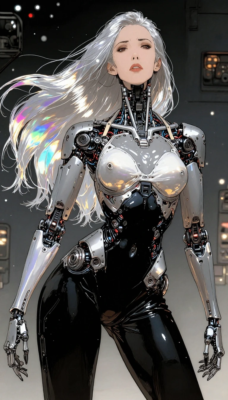 The image depicts a highly detailed and futuristic female figure with long, flowing silver hair. The figure is adorned in a black, form-fitting outfit