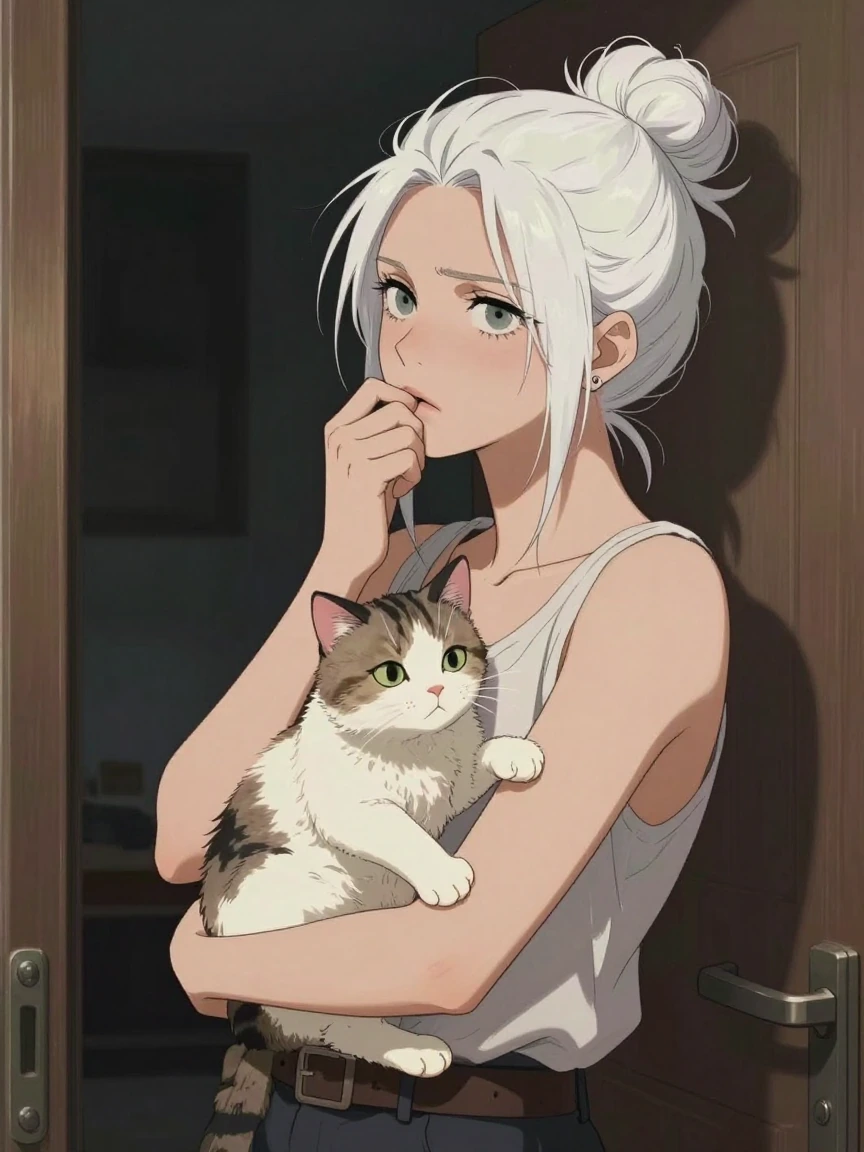 Woman, white messy bun hair, holding her cat and standing by a door. She is trying to remember something and has her hand to her mouth that she looks up, concentrating on what she needs to remember. So frustrating! Artsy surreal manga style