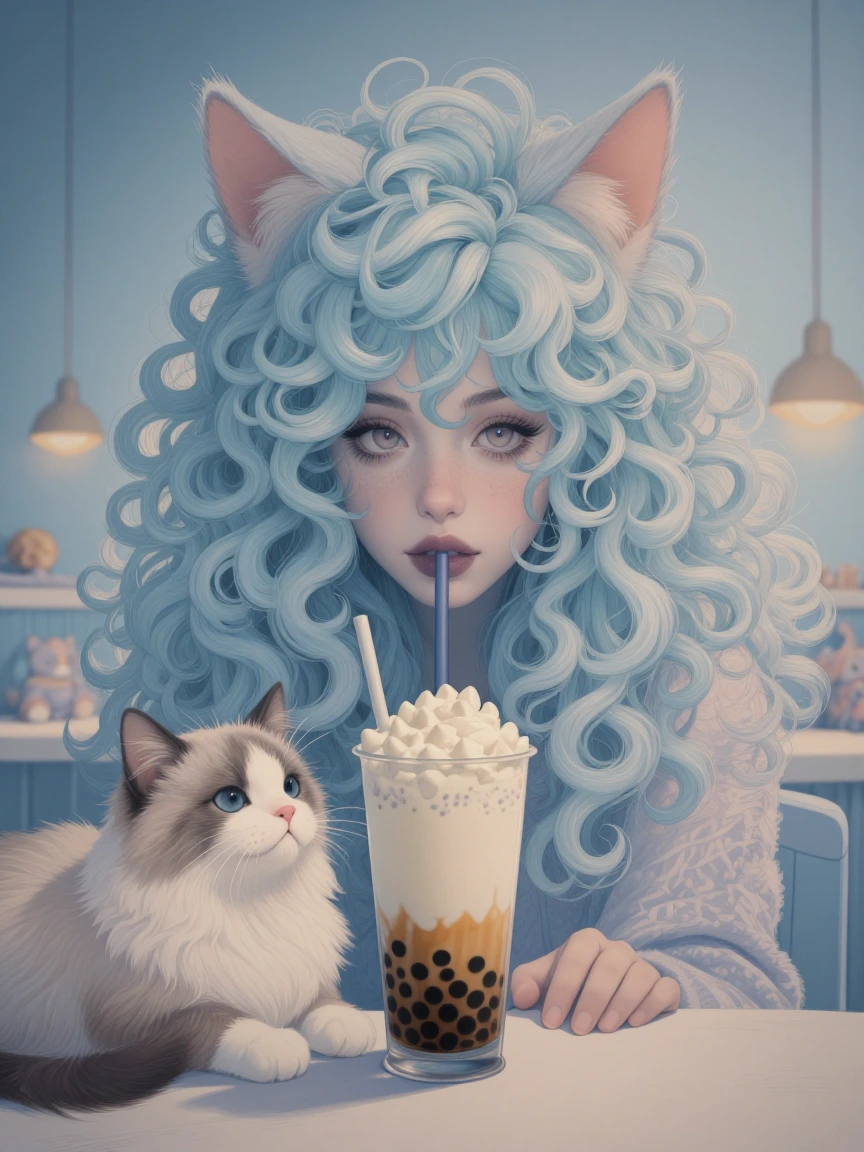 Beautiful woman, big hair, curly, pastel, with a cat, super fancy Boba drink in a kitten café, enjoying the day