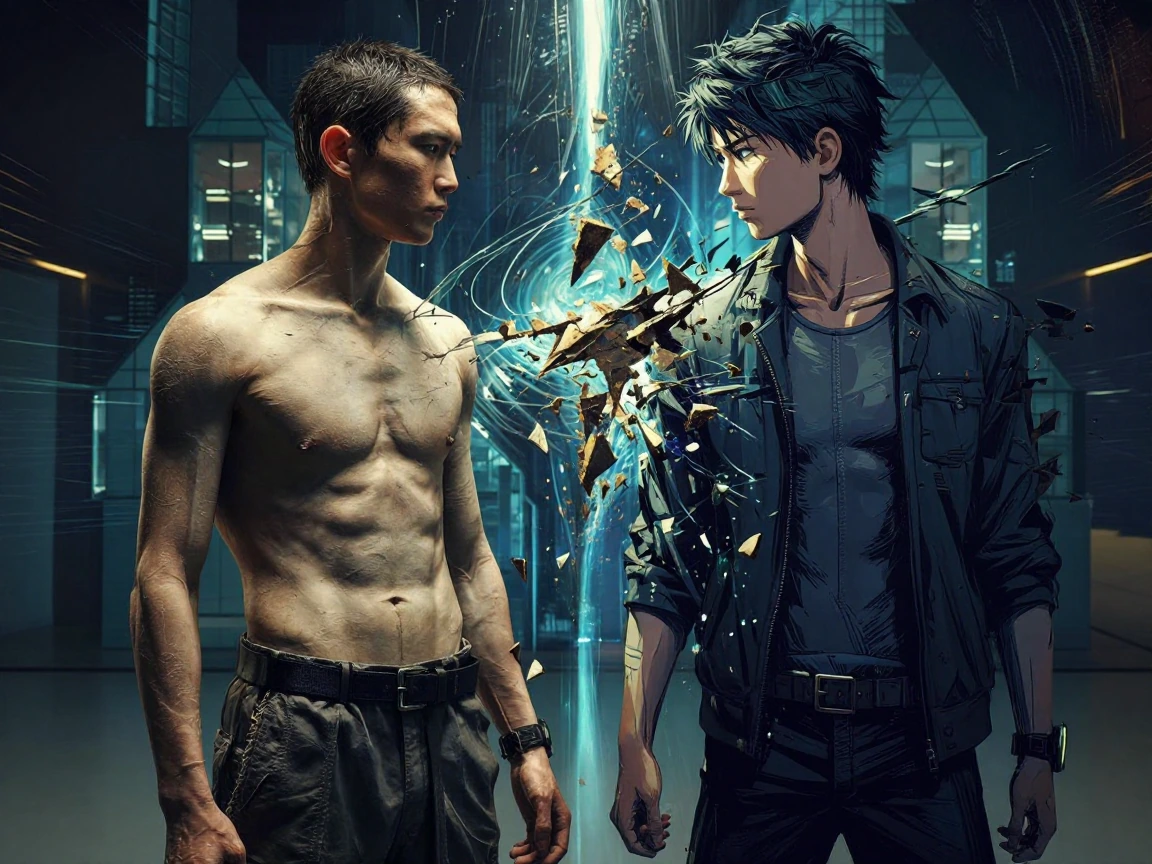 Two striking humanoid figures standing shoulder-to-shoulder in dramatic confrontation, left figure rendered in hyper-realistic photographic style with intricate skin texture, natural subsurface lighting, and subtle human proportions, right figure sty