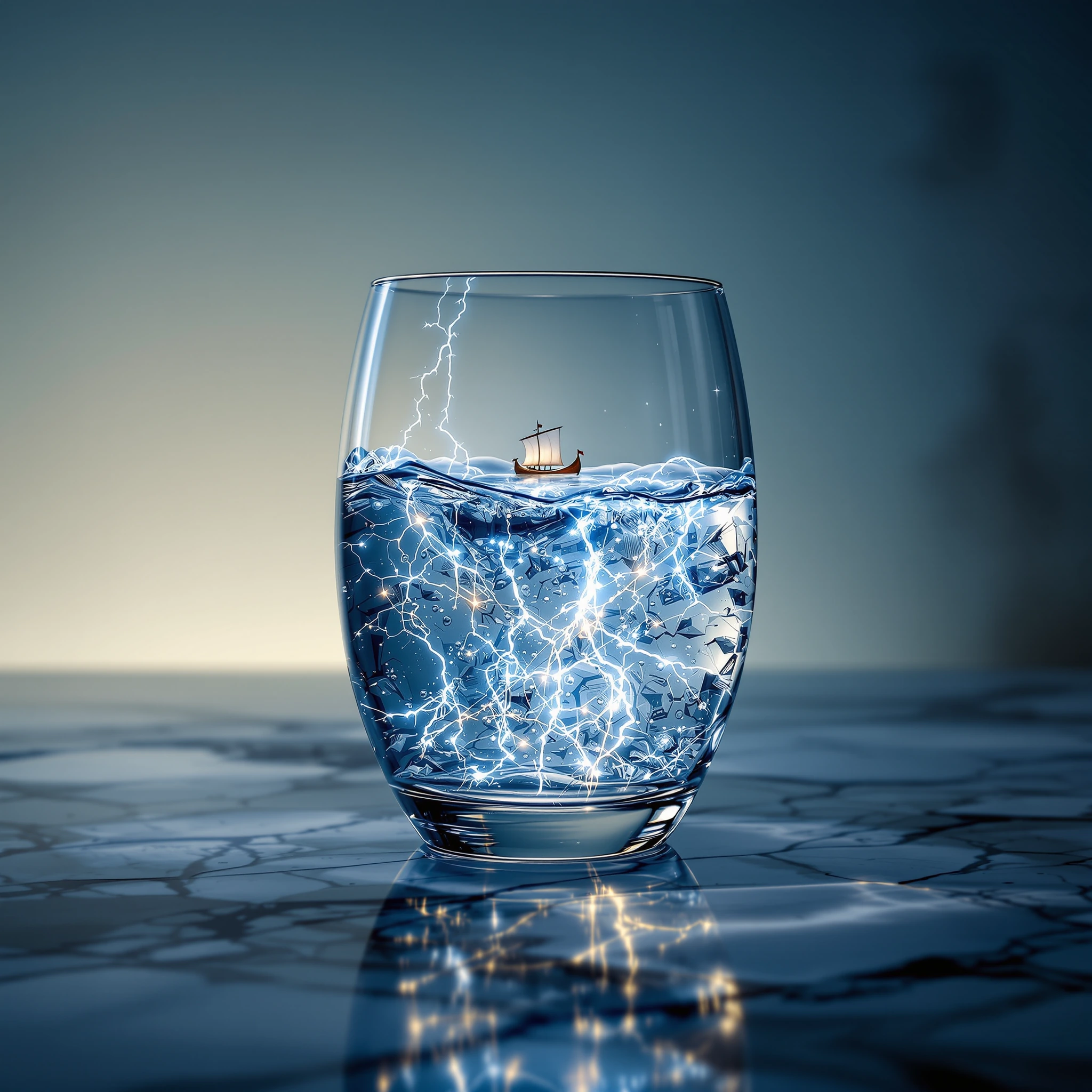 Glass of Water with lightning inside the water and a tiny Viking Longboat sailing on top of the water. Glass sitting on a marble surface with a gradient background