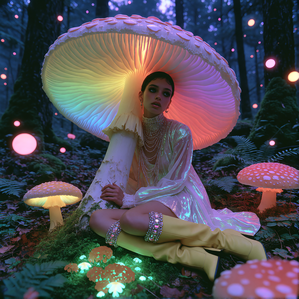 A girl in an iridescent dress sitting cross-legged beneath an oversized mushroom with bioluminescent gills, holding it like a parasol. Twilight forest