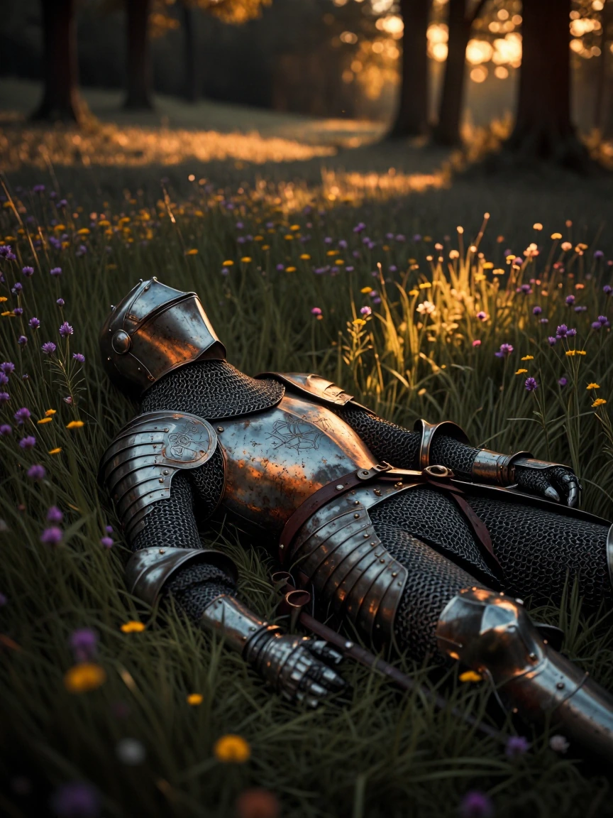 Medieval knight in full ornate armor lying peacefully in a wildflower meadow at golden hour, dappled sunlight filtering through nearby trees, intricat