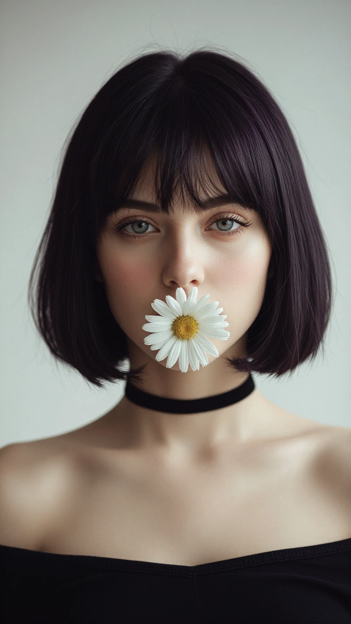 A soft minimalist portrait of a young woman with sleek dark violet-black bob hair and long wispy bangs partially covering one eye, holding a white daisy flower gently in front of her lips. Pale porcelain skin with a subtle natural blush, deep grey-gr