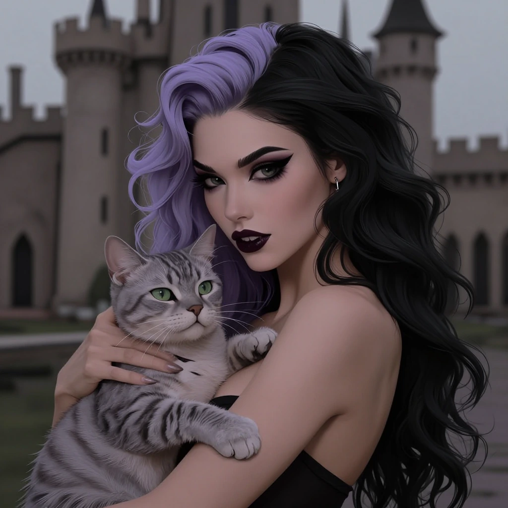 elegant vampirepulp woman with her cat. lavender black hair, sharp vampire fangs, castle